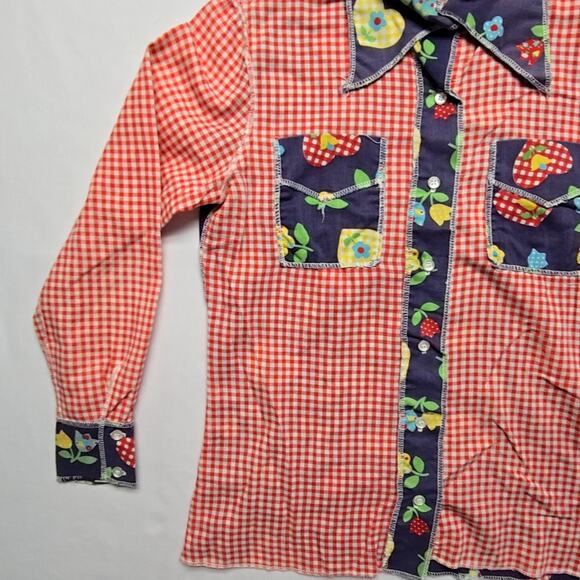 Vintage Floral Patchwork Shirt Red Gingham Long Sleeve Retro Medium Blouse 70s - Picture 2 of 10